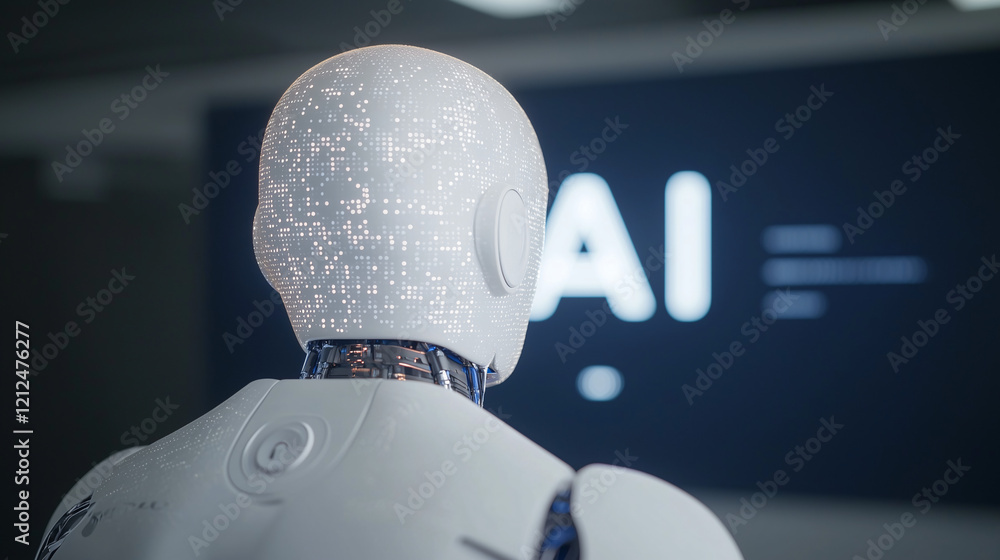 Poster the future of ai: a humanoid robot stands facing a screen displaying the equation 