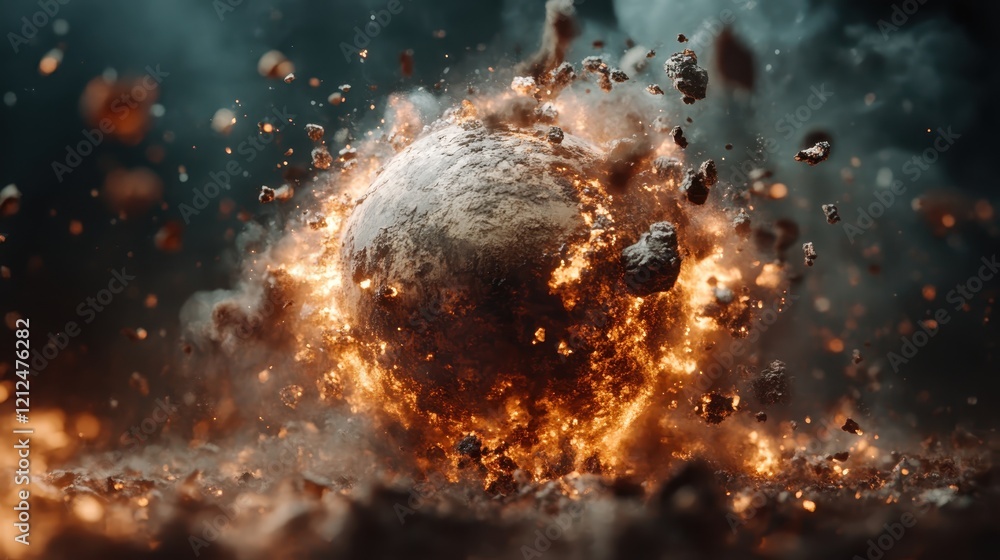 Poster the image illustrates a planet engulfed in fiery disturbances amidst swirling elements of chaos, rep