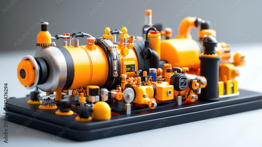 Poster advanced mechanical setup featuring vibrant orange and black components, showcasing intricate detail