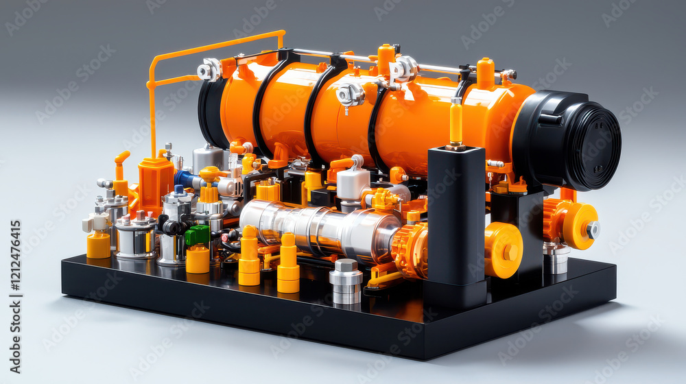 Poster Advanced mechanical setup featuring water and steam power components, showcasing intricate design and vibrant colors. This model highlights engineering innovation and functionality