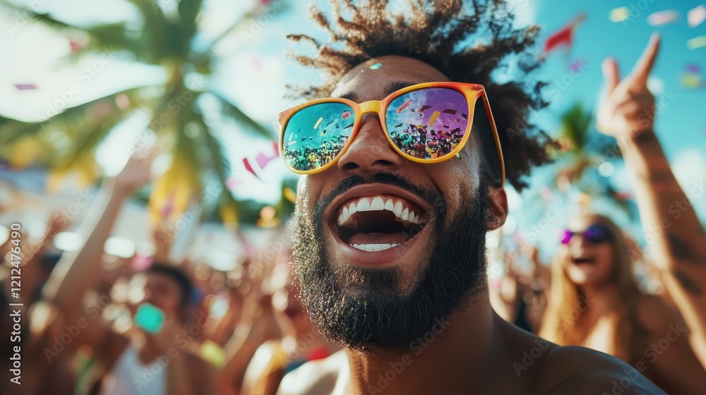 Poster the ecstatic face of a man, adorned with colorful sunglasses, beams with joy as he enjoys a fun-fill