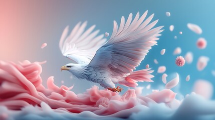 Fototapeta premium White eagle soaring, pastel clouds, floral background; freedom, serenity, nature imagery