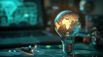 Illuminated Light Bulb with World Map and Networking Connections
