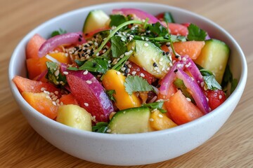Asia's vegan foodie culture. Fresh and colorful vegetable salad in a bowl.