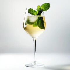 An elegant elderflower spritz with mint leaves, presented on an isolated white background, chiaroscuro art style