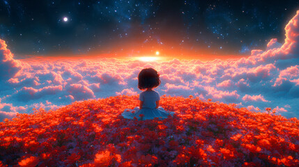 Fototapeta premium Boy and girl sitting on a beautiful flower hill and looking into the starry night sky. 3d style cartoon character