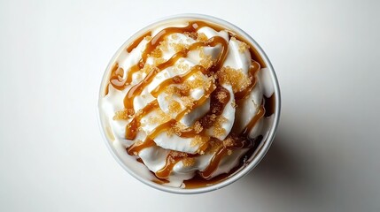 Top view of a milkshake with caramel drizzle and cream on a white background, product photography, food photography. A delicious-looking cup of coffee or latte,