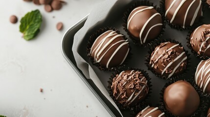 A beautiful flat lay presentation of luxurious chocolate delicacies featuring a variety of flavors and textures, perfect for any celebration or sweet tooth craving.