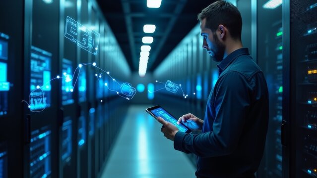 Man, tablet and server room, programming or coding for cybersecurity, information technology and data protection backup. Engineering person on digital software and hardware solution in basement