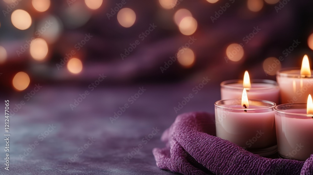 Poster scented candles flicker gently, surrounded by soft fabrics and warm bokeh lights, creating a cozy an