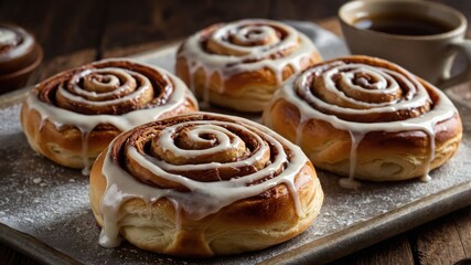 Freshly baked cinnamon rolls drizzled with icing on a baking tray.