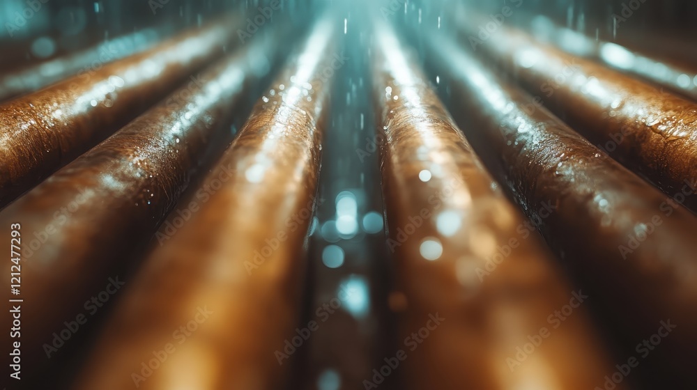 Poster a visually striking close-up of metallic pipes with droplets of water, highlighting the intricate de