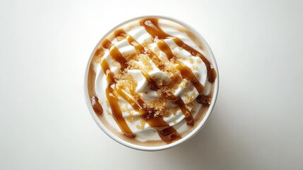 Top view of a milkshake with caramel drizzle and cream on a white background, product photography, food photography. A delicious-looking cup of coffee or latte,