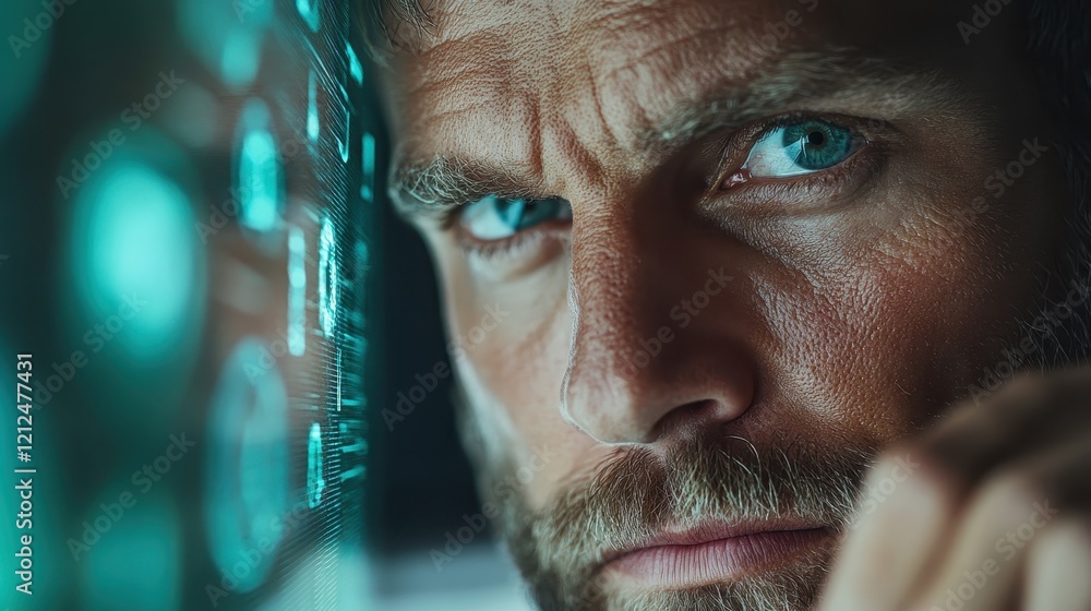 Poster a close-up of a man intently focusing on a futuristic digital interface, capturing the essence of mo