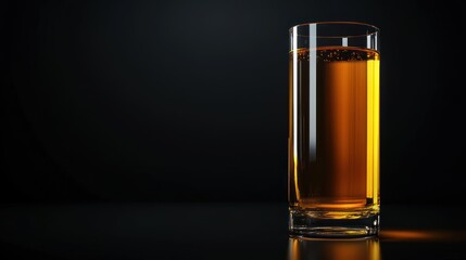 Tall glass of yellow liquid standing on black background, Selective focus on ice drink and glass