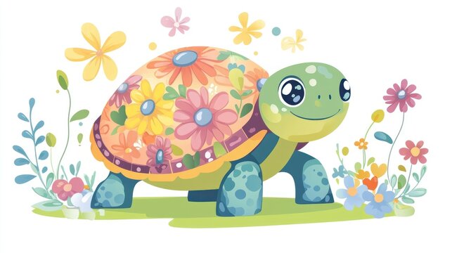 Cute floral turtle illustration with blooming flowers and a friendly smile in a bright setting