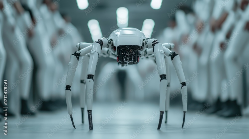 Poster a sleek robotic spider in a modern, futuristic environment, representing advancements in technology 
