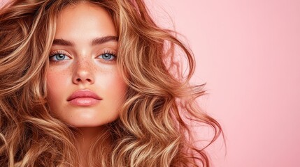 Naklejka premium A striking portrait of a young woman with flowing hair and radiant skin, embodying beauty and confidence, perfect for beauty and fashion themes.