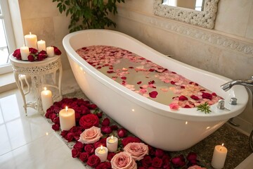 bath tub decorated with red roses and petals