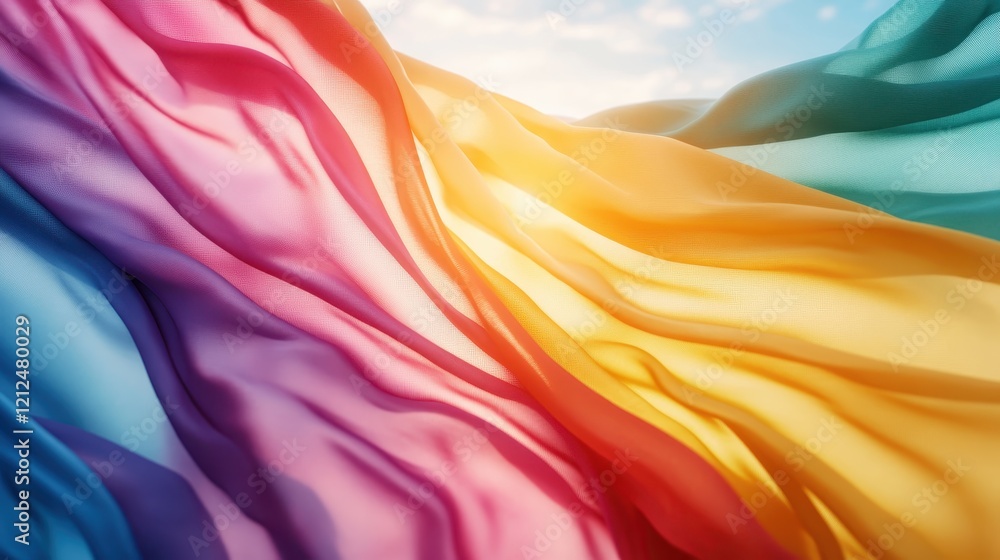 Poster a vibrant display of flowing silk fabrics in an array of colors illuminated by warm sunlight, evokin