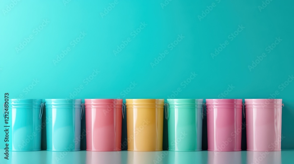 Poster an artistic display of differently colored paint containers on a smooth turquoise surface, offering 