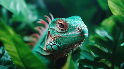 Obraz premium A stunning close-up of a green iguana perched among lush tropical foliage, showcasing its intricate scales and vibrant colors, highlighting the beauty of wildlife in nature.
