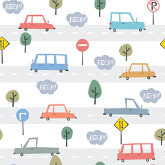 Hand drawn car childish seamless pattern with traffic signs, tree and beep lettering. Suitable  for children fashion, textile and other media. vector illustration