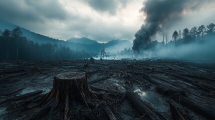 Fototapeta premium A deforested landscape with tree stumps and smoke, highlighting the impact of climate change. Ideal for environmental awareness campaigns and documentary projects.
