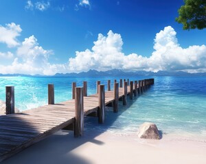 Fototapeta premium Scenic Wooden Pier Extending Over Calm Tropical Ocean Waters