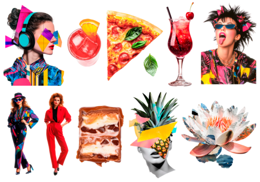 Pop Art Collage: Retro 80s Fashion with Bold Geometric Shapes, Vibrant Pizza, Cocktails, Headphones, Vintage Outfits, Pineapple, Desserts, and Playful Music-Inspired Style.