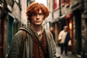 Obraz premium Ginger man wearing medieval style clothing walking through narrow alley in historic european town