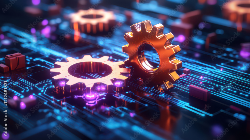 Poster Interconnected gears symbolize automation and technology, set against vibrant circuit board background. This captures essence of modern engineering and innovation