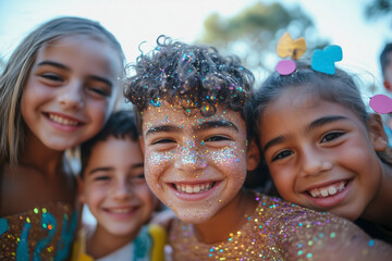Posing for a fun photo booth snapshot. A group of children with shimmering glitter on their cheeks celebrating with friends and confetti at the party.