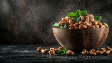 Fototapeta premium An artistic depiction of cashew nuts in a rustic bowl surrounded by spices, illustrating a dynamic and flavorful culinary scene full of energy.
