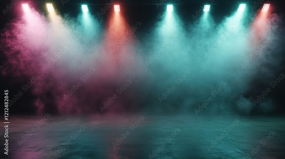 Poster a vibrant stage illuminated by colorful lights with a foggy atmosphere, creating a visually stunning