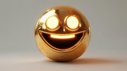 Golden Happy Emoji with Glowing Dollar Eyes, 3D Render, Smooth Texture, Metallic Finish, Isolated on White Background