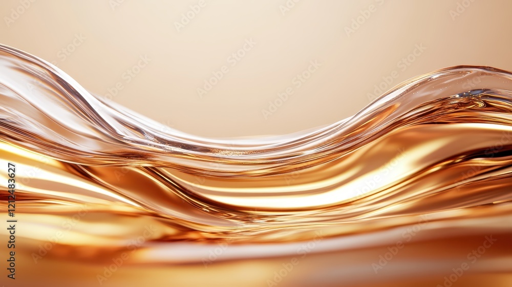 Poster an abstract representation of whiskey as fluid waves flow seamlessly, mirroring the warmth of light 