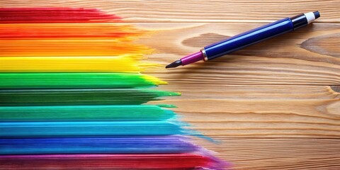 Obraz premium Colorful brush stroke marker on a wooden desk , desk, writing tool