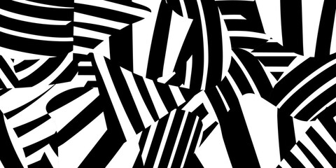 Doodle abstract chaotic stripes background in black and white colours. Horisontal hand drawn style vector illustration for banners, wallpaper, textile, wrapping