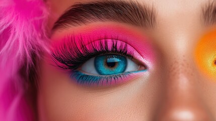 Obraz premium This close-up showcases a stunning eye makeup look featuring vibrant pink and blue colors, complemented by dramatic lashes that enhance the model's mesmerizing gaze.
