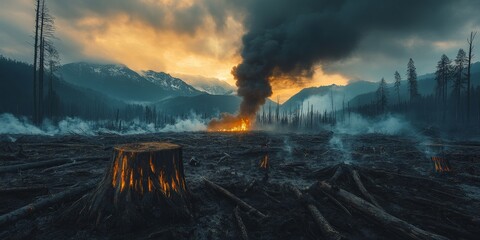 Fototapeta premium A deforested landscape with tree stumps and smoke, highlighting the impact of climate change. Ideal for environmental awareness campaigns and documentary projects.