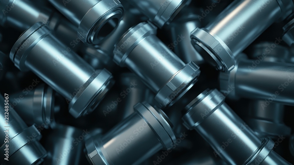 Poster an abstract view of a stack of industrial metal components, showcasing the intricate details and ref