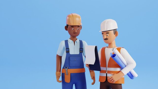 Builder characters animation. Construction site worker, handyman analyzing blueprint, showing thumb up. Foreman and architect, engineer. Professional worker, renovation service
