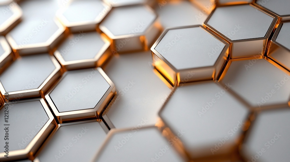 Poster abstract 3d rendering of gold-rimmed white hexagons.