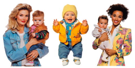 Retro Family Portrait Collage in 80s Style with Mothers, Babies, and Vibrant Fashion for Nostalgic and Creative Design Projects.