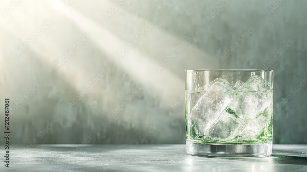 Poster a stylish glass filled with ice cubes and a hint of green captures the essence of refreshment, highl