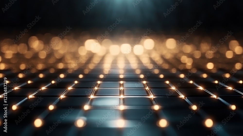 Poster a close-up of a textured floor illuminated with sparkling lights, creating a captivating visual dept