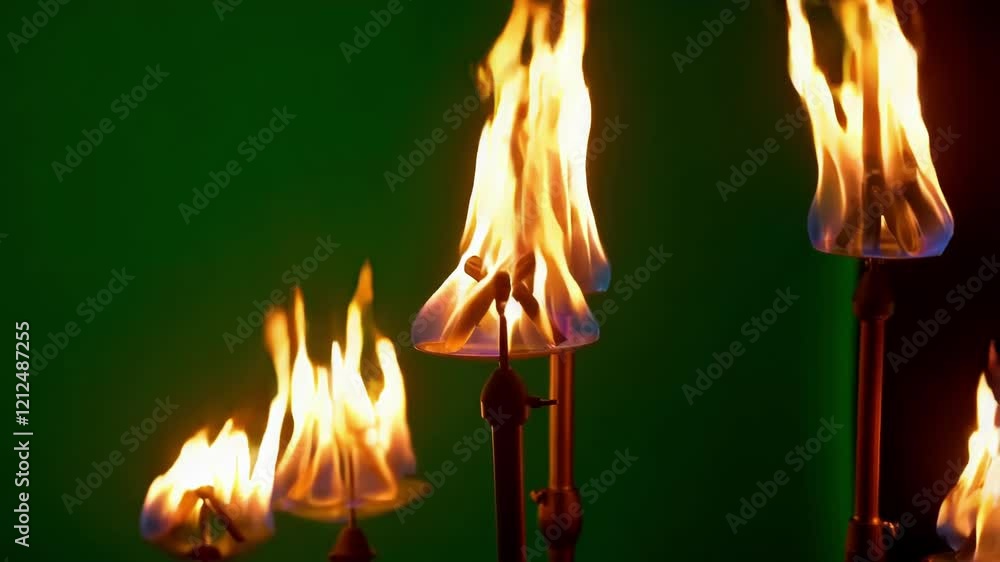 Poster multiple burning torches glowing brightly against verdant green screen background, creating dynamic 