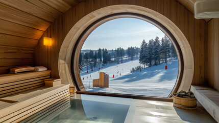 Rustic wooden sauna featuring panoramic window overlooking snowy ski slopes at mountain resort