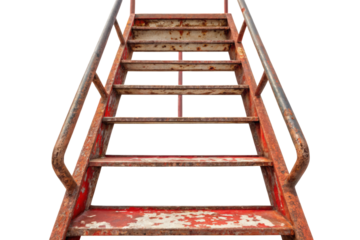 Rusty metal staircase with handrails isolated with transparent background